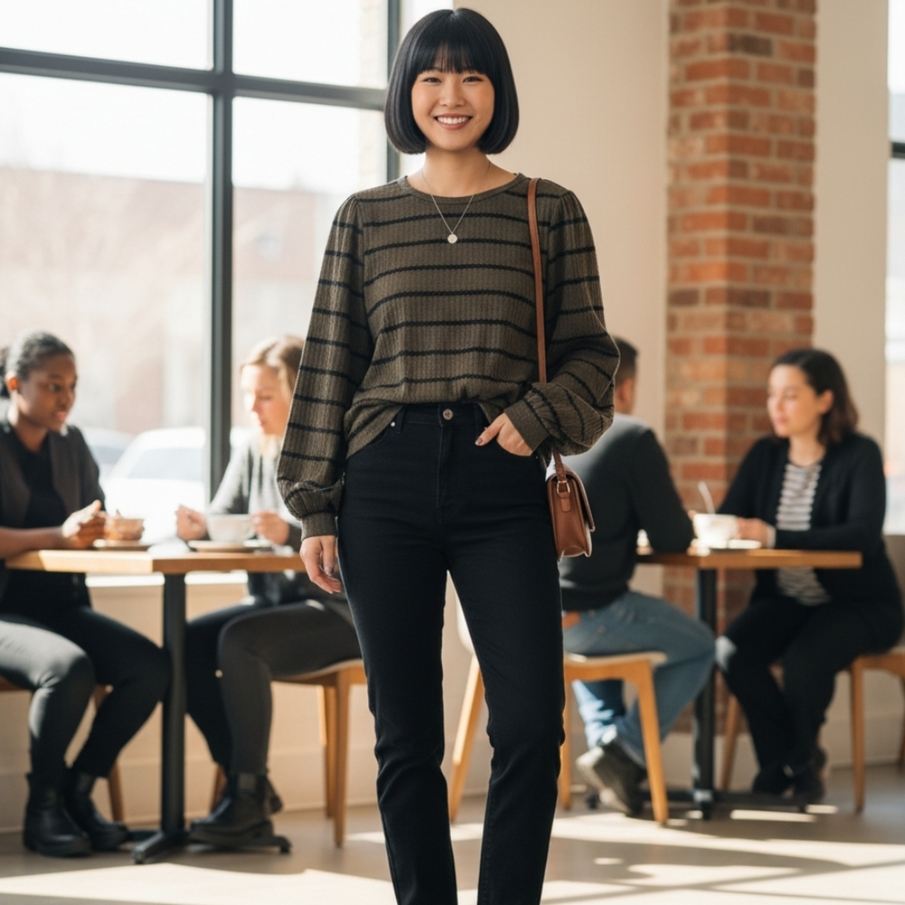 Lake Flower Green and Black Striped Top, one very small tear in the back…